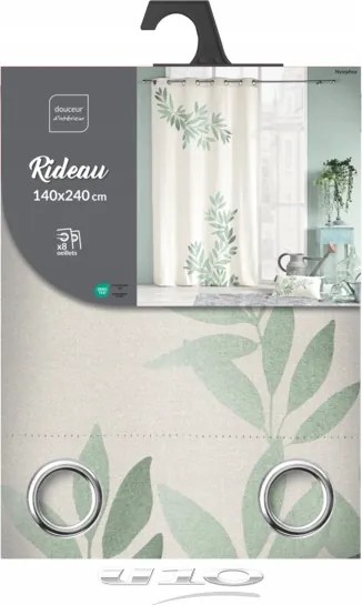 Pamut Függöny Fehér Zöld Levél Motívum Átvezetőkkel Nympa 140x260