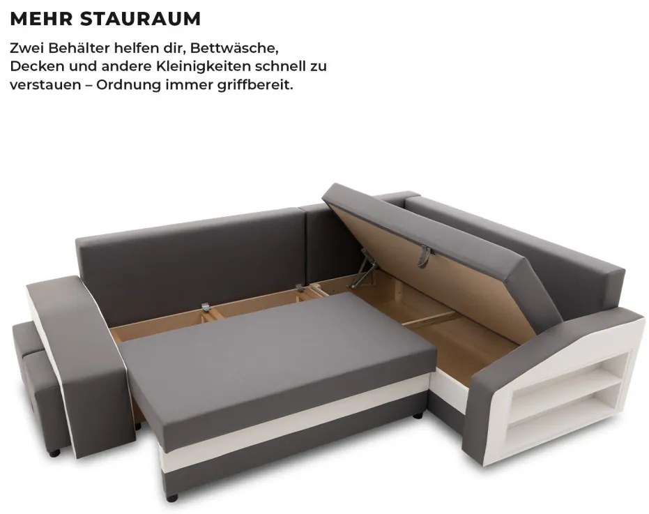 Grande sarokkanapé polcokkal és puffokkal , polc a jobb karfaban puffok a bal karfaban, jobboldali, szövet anyag, bonell töltet, szürke - fehér