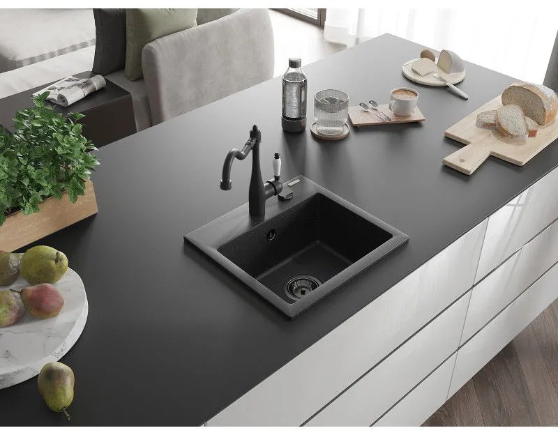 Mexen Milo, gránit mosogató 435x410x171 mm, 1 kamrás és Carla mosogató csaptelep, fekete-ezüst metál, 6505-73-670700-70-B