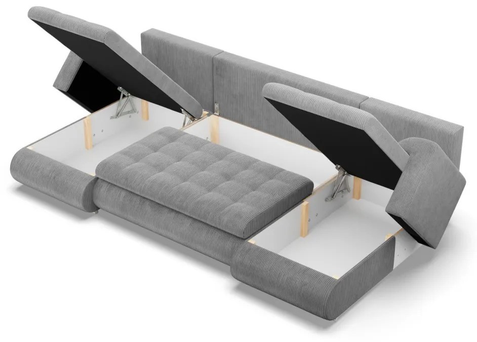 Tokio U alakú sarokkanapé, 3 ágyneműtartóval, kordbársony, univerzális oldal, szürke