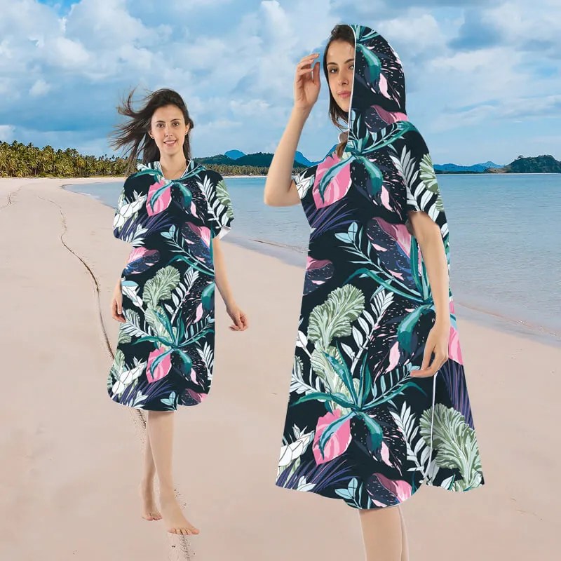 Strandkészlet NIGHT BLOSSOM – Fürdőlepedő 100×180 cm és poncsó 80×145 cm, fekete