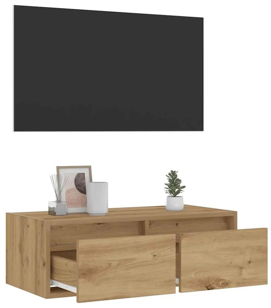 kézműves tölgy színű TV-szekrény LED-lámpákkal 75x35,5x25 cm