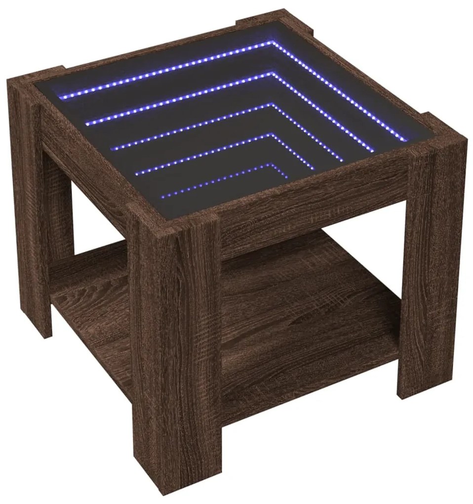Barna tölgy szerelt fa dohányzóasztal LED-del 53 x 53 x 45 cm