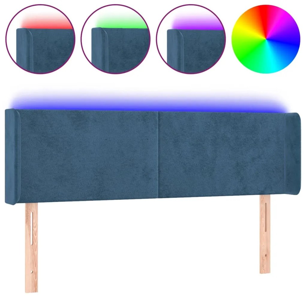 sötétkék bársony LED-es fejtámla 147 x 16 x 78/88 cm