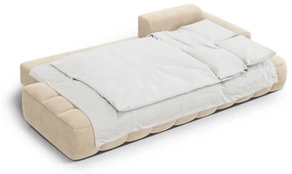 Bézs bársony kinyitható-tárolóhelyes sarokkanapé (jobb oldali-heverő résszel) Linz – Cosmopolitan Design