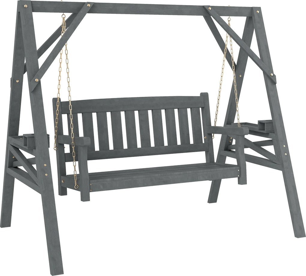 Outsunny kétszemélyes kerti hinta — fából készült pad oldalsó asztalkákkal, pohártartókkal és fémláncokkal, szürke | Aosom