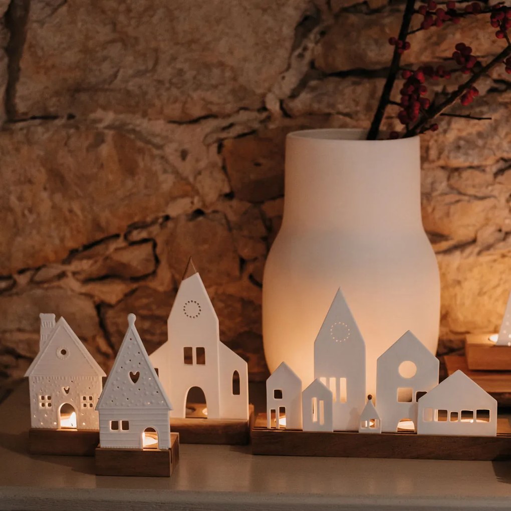 Gyertyatartó TEMPLOM porcelánból és akácfából