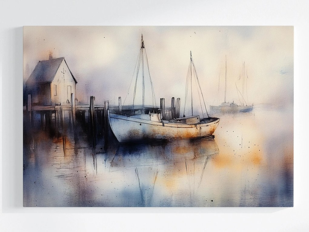 Vászonkép Canvas Tájkép Víz Móló Kikötő Hajó Köd 120x80