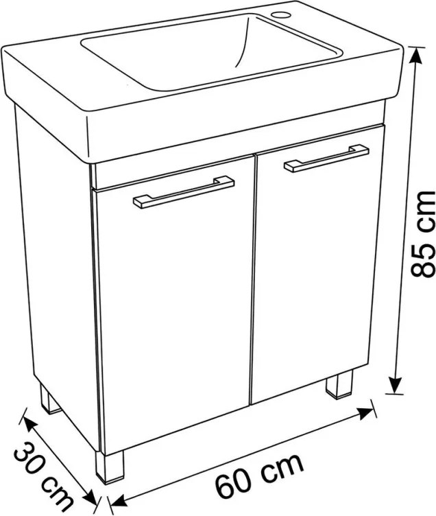 VivaStyle PANEL- KMT 60 lábon álló fürdőszobabútor CeraStyle SHARP -JOBB CSAPLYUKAS mosdóval 60x30cm
