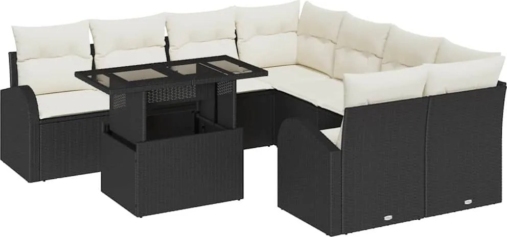 vidaXL Kerti Kanapé Szett párnával tárolóval 9 pcs Fekete Poly Rattan