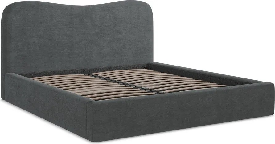 Sötétszürke kárpitozott ágyneműtartós franciaágy ágyráccsal 180x200 cm Kahai – Makamii