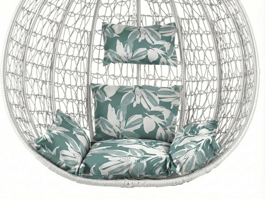 Fehér függő szék KOKON állvánnyal, zöld-fehér párnával