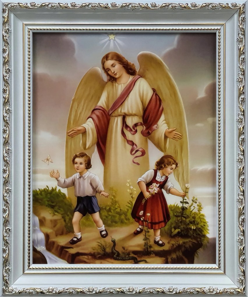 Vászonkép 31x26 Őrangyal Angyal Fehér Díszített Keresztelő Ajándék Keret