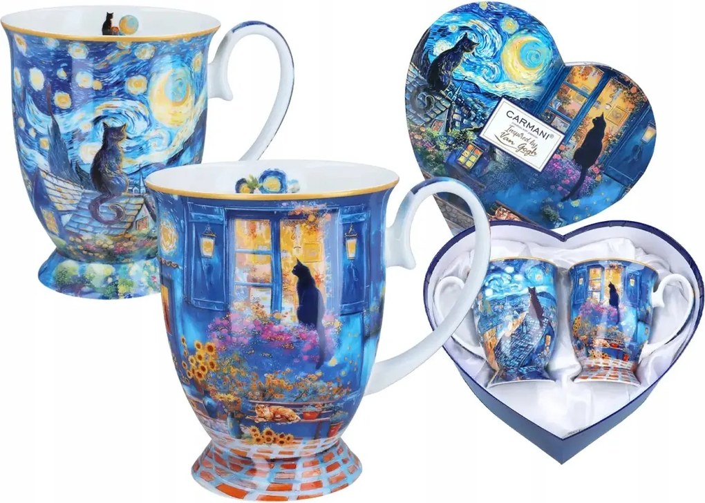 Porcelán Bögrék Carmani Macskák és Van Gogh Szív Dobozban 280 ml Bögre x 2