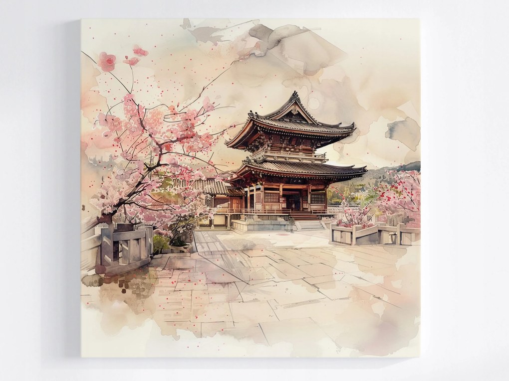 Poszter Japán Virágzó Templom Cseresznye Akvarell 40x40