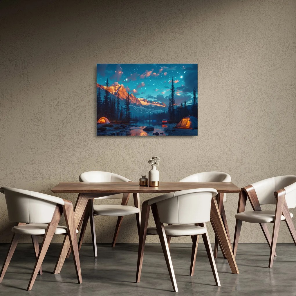 Üveg kép - Kempingezés a hegyekben (70x50 cm)