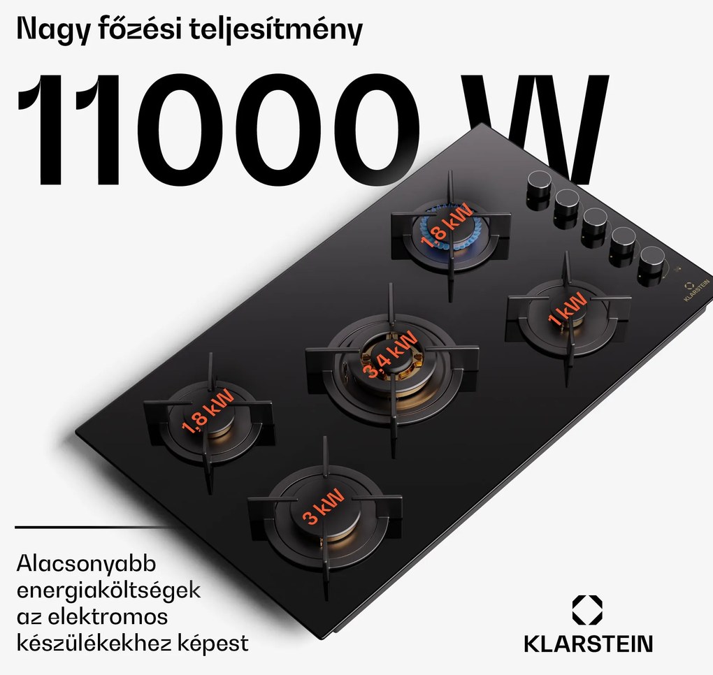 Klarstein Goldflame 5, gáz főzőlap, önálló, 5 égő, oldalsó vezérlés, gáz/propán, üvegkerámia, fekete