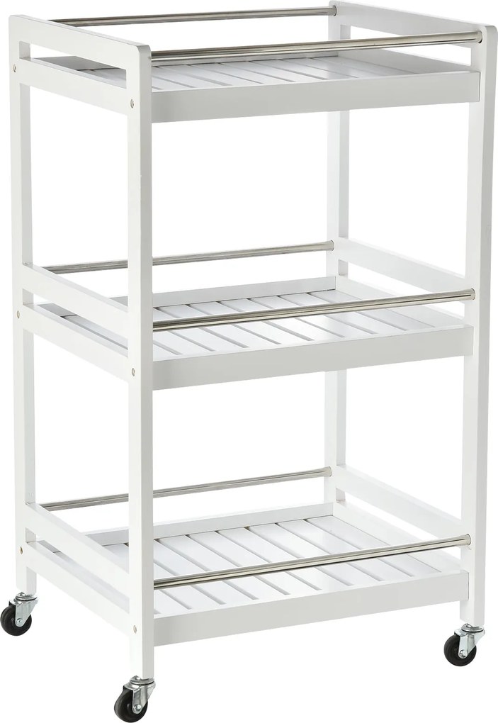 HOMCOM Helytakarékos Konyhai Kocsi Fából és Rozsdamentes Acélból, 3 Polccal és 4 360°-ban Forgó Kerekekkel, Fehér, 45cm x 38cm x 78cm | Aosom