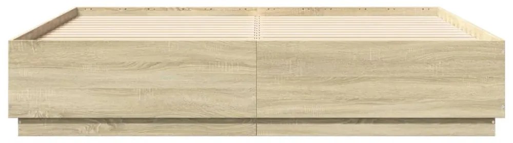 sonoma tölgy színű szerelt fa ágykeret LED-del 200 x 200 cm