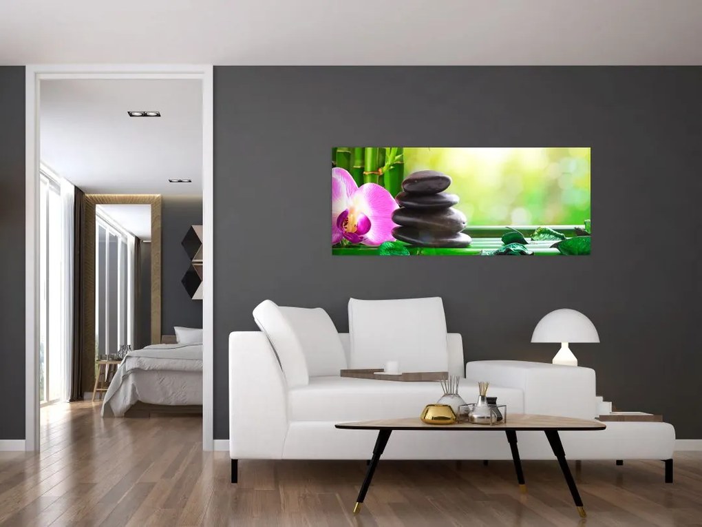 Kép a masszázs kövek és orchideák a vízen (120x50 cm)