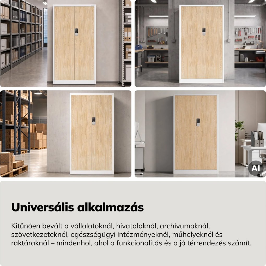 Fém irodai szekrény kódzárral, fehér, sonoma tölgy, 900x1850x400 mm: DANIEL Eco Design