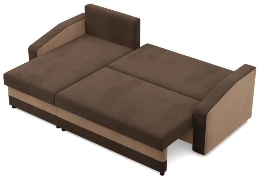 Hewlet sarokkanapé, 2 ágyneműtartóval, szövet anyag, univerzális oldal, bonell töltet, barna