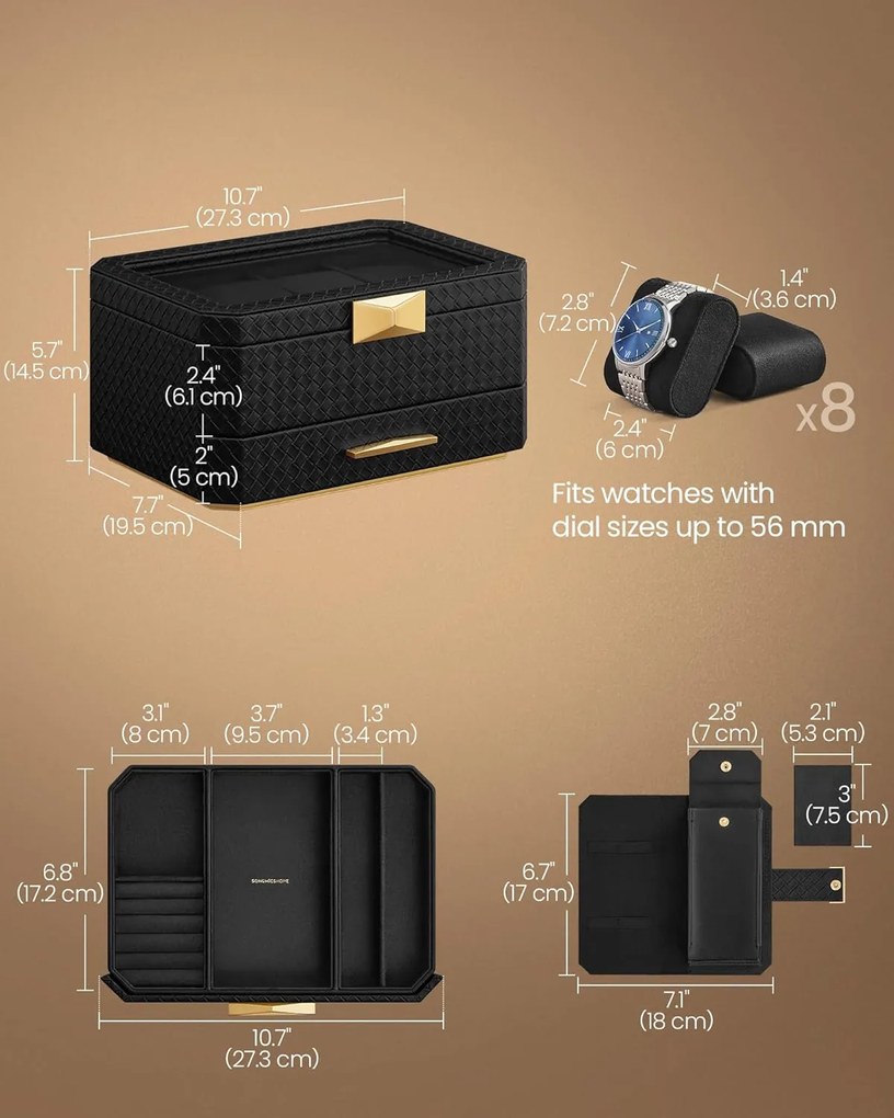 8 rekeszes óratartó doboz, tintafekete