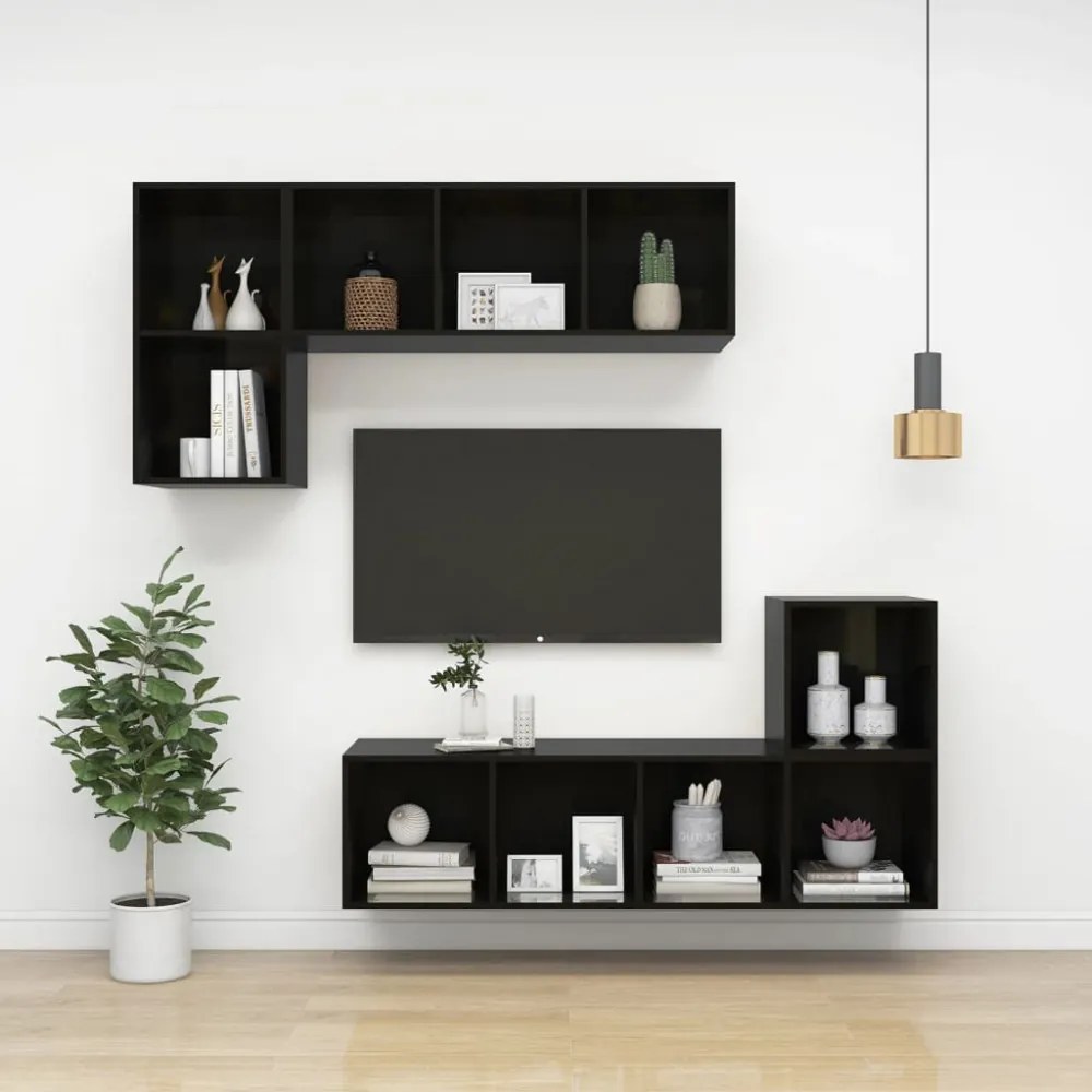 magasfényű fekete szerelt fa fali TV-szekrény 37 x 37 x 107 cm