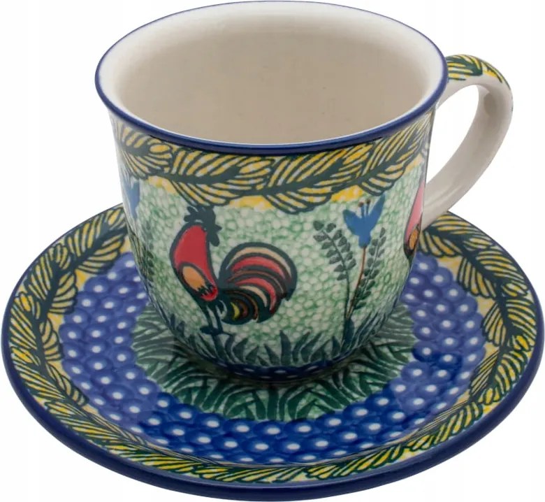 200 ml-es csésze csészealjjal Ceramika Artystyczna Bolesławiec U2663 Kakasok
