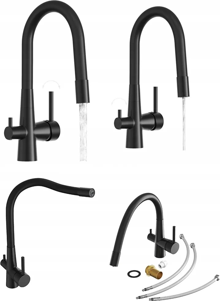 Konyhai csaptelep flexibilis háromutas vízszűrő csaptelep Fluo fekete