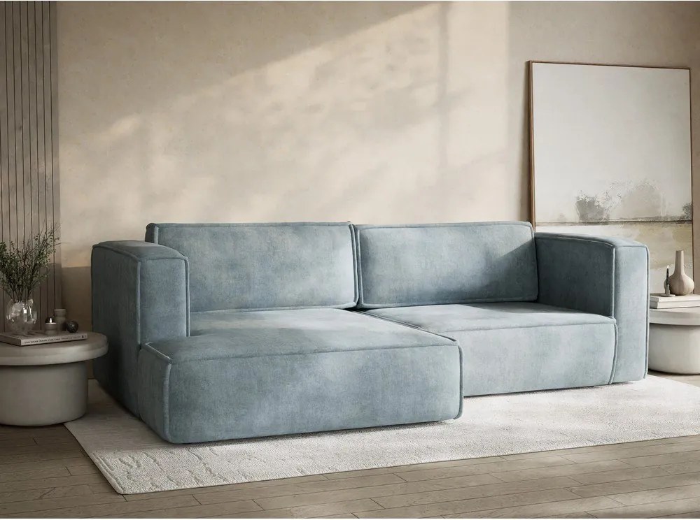 Világoskék zsenília kinyitható-tárolóhelyes sarokkanapé (bal oldali-heverő résszel) Velto – Maison de Rêve