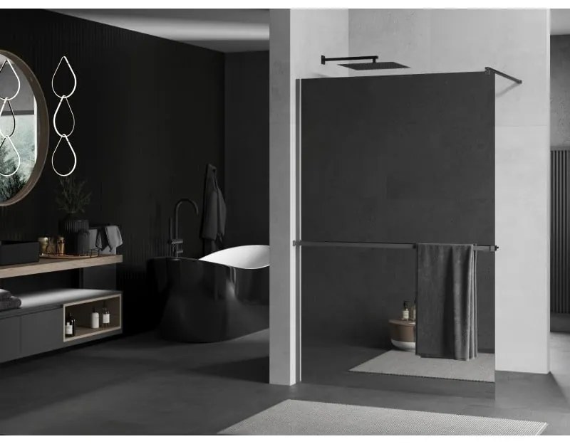 Mexen Kioto+, Walk-In zuhanyparaván polccal és akasztóval 110 x 200 cm, 8 mm-es üvegtükör mintával, grafit profillal, 800-110-121-95-50