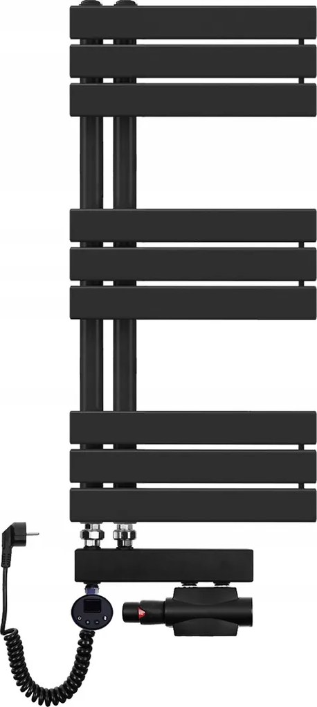 Fürdőszobai dekoratív víz-elektromos radiátor 850x400 fekete létra