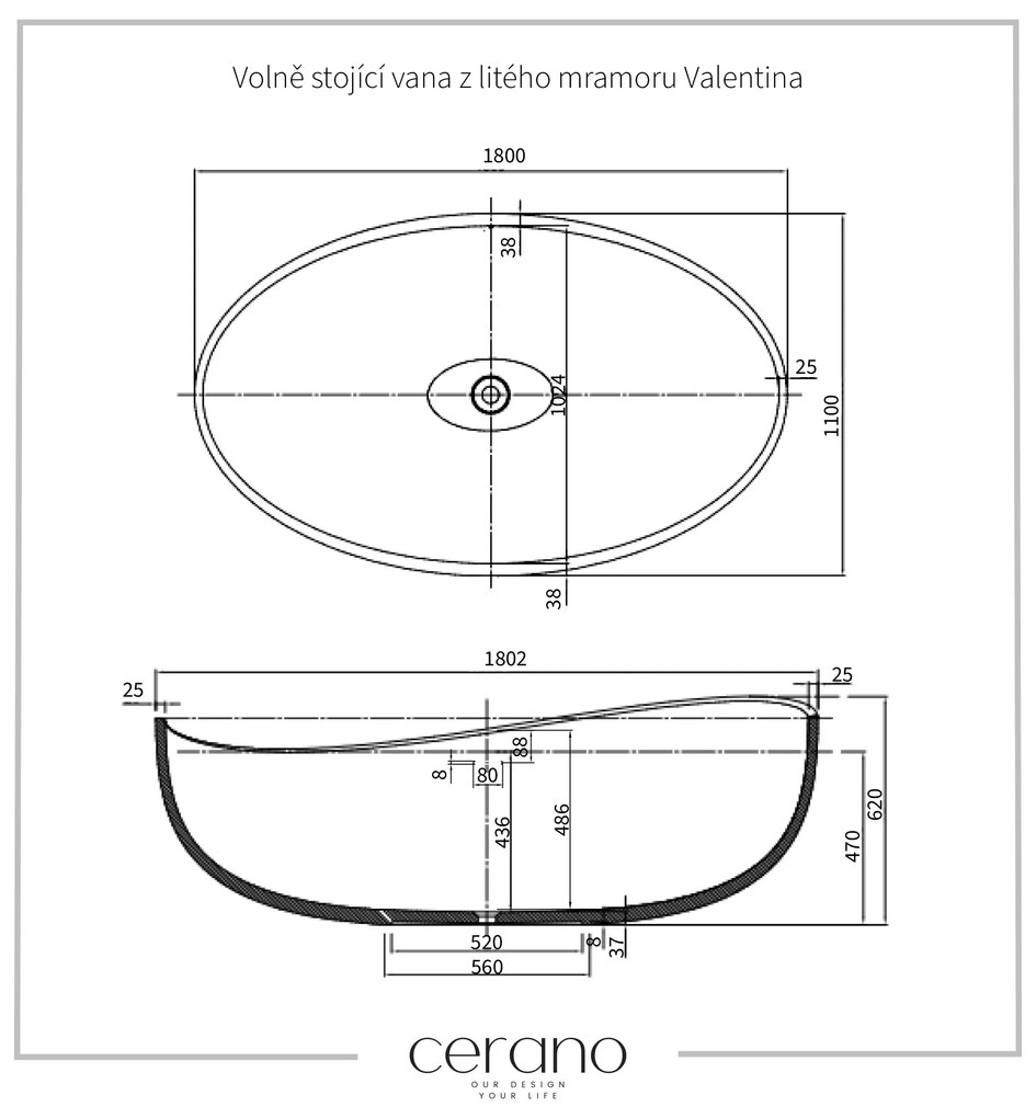 Cerano Valentina, szabadon álló öntött márvány kád 180x110 cm, fehér matt, CER-CER-417518