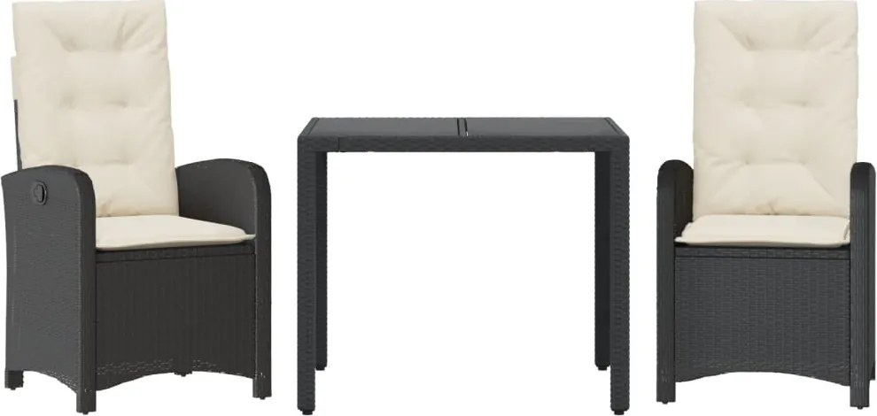 vidaXL 3 részes fekete polyrattan kerti étkezőgarnitúra párnákkal