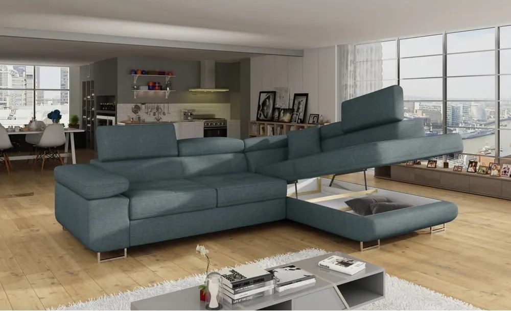 Kék kinyitható-tárolóhelyes sarokkanapé (jobb oldali-L alakú) Anton – ELTAP