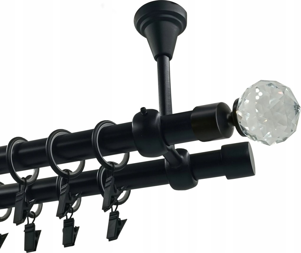Függönykarnis dupla Fém Mennyezet 19+19 Fekete Matt 180cm Gömb Kristály