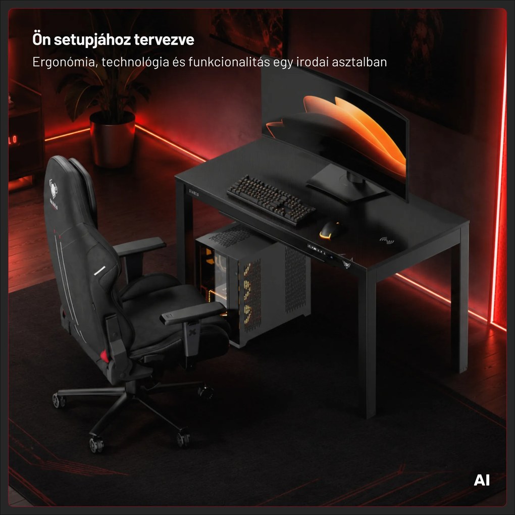 Gamer íróasztal elektromosan állítható, beépített vezeték nélküli QI töltő és USB: Diablo X-RIFT fekete