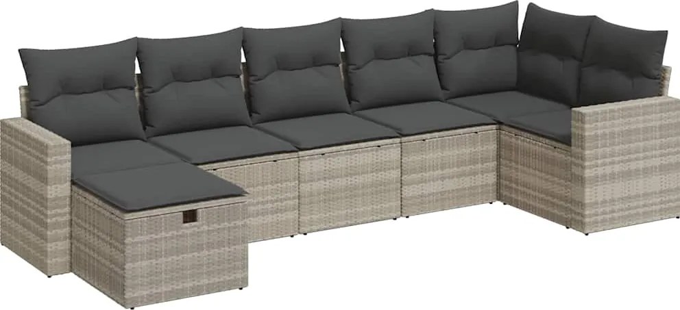 vidaXL 7 részes világosszürke polyrattan kerti ülőgarnitúra párnákkal