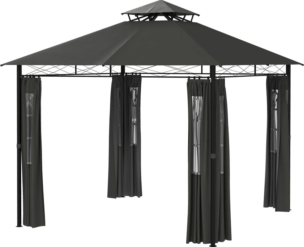 Outsunny Pavilon kb. 3 x 3 m, Kerti Sátor Oldalfallal, Partisátor Dupla Tetővel, Időjárásálló Rendezvénysátor, Kerti Pavilon, Erkélyre, Teraszra, Fém,