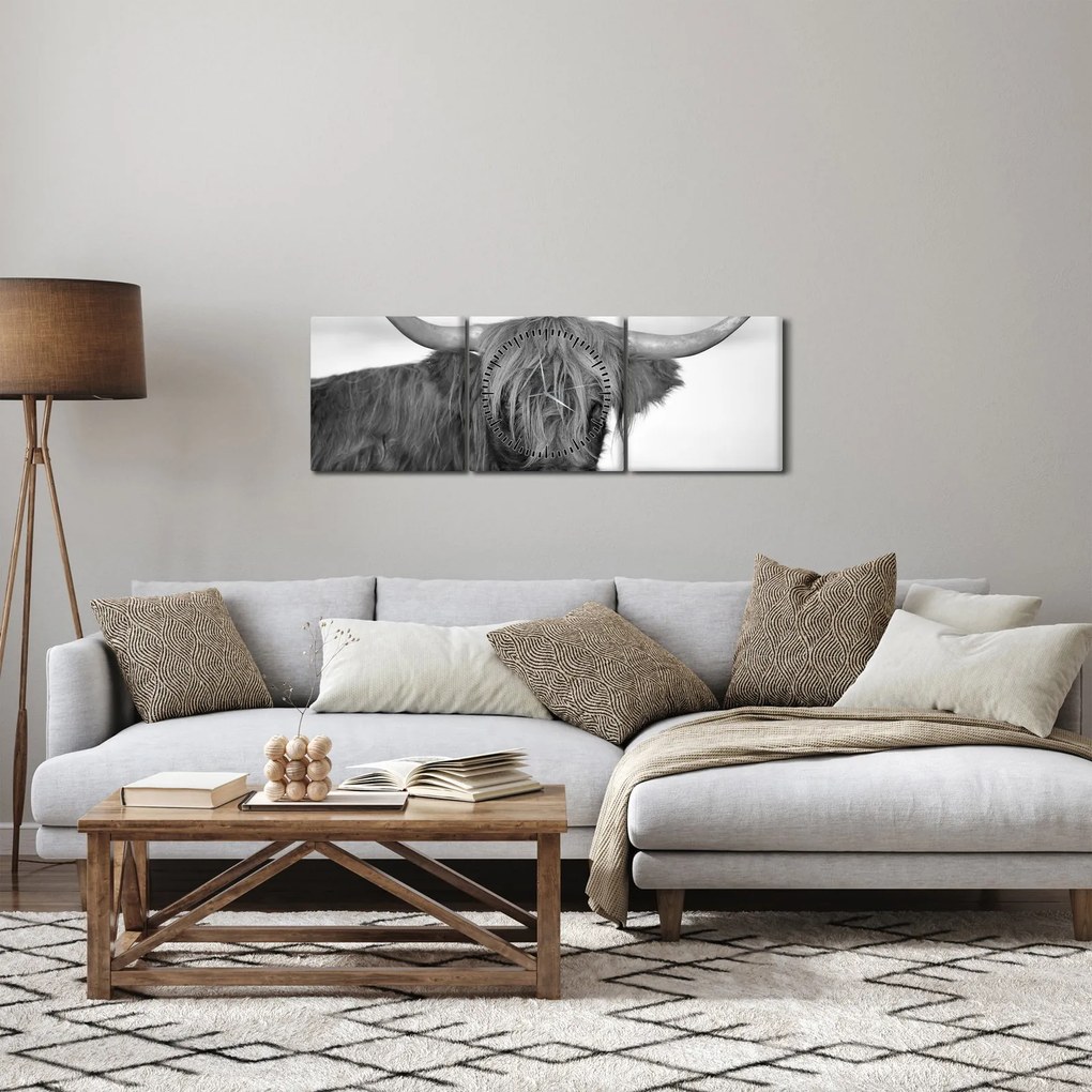 Kép - Skót tehén 2, fekete-fehér (órával) (90x30 cm)
