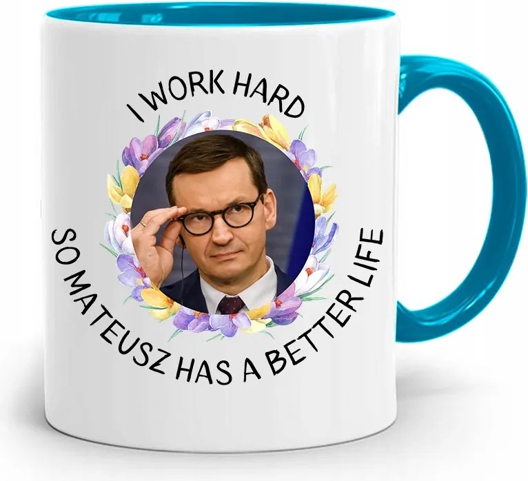 Kék Politikus Bögre Mateusz Morawiecki Miniszterelnök fényképes nyomtatással