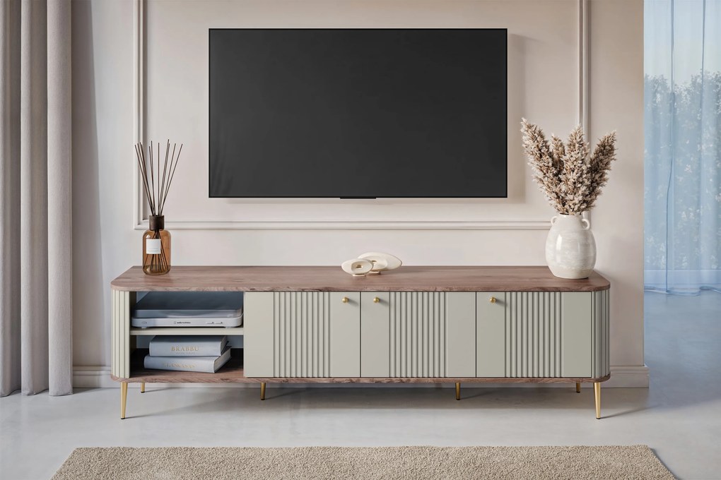 Vesper 3D TV-szekrény 187 cm - kasmír / diófa / arany színű lábak