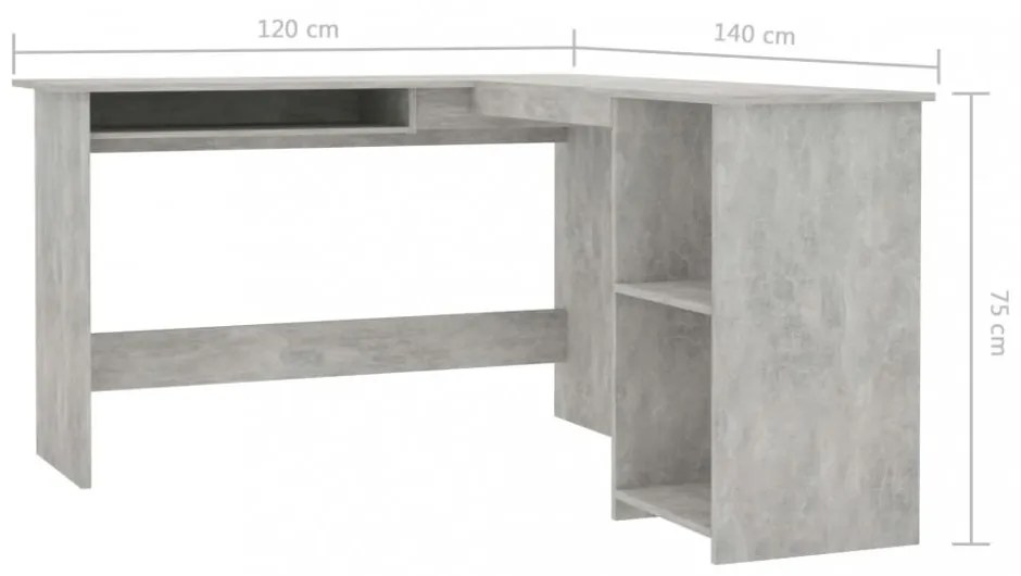 betonszürke szerelt fa L-alakú sarok-íróasztal 120x140x75 cm