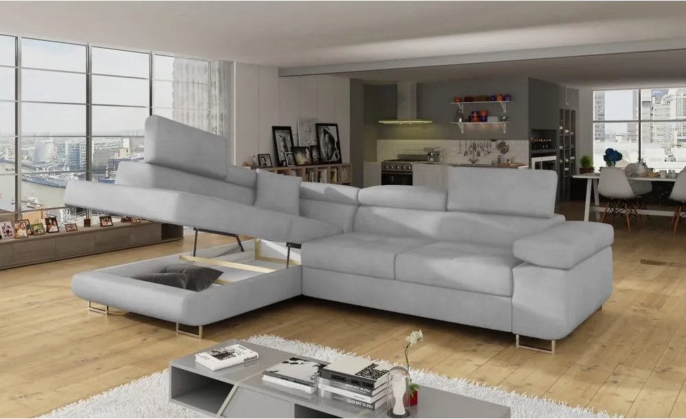 Világosszürke bársony kinyitható-tárolóhelyes sarokkanapé (bal oldali-L alakú) Anton – ELTAP