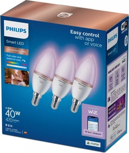 3 darabos szett RGB LED dimmelhető izzó Philips SMART C37 E14/4,9W/230V 2200-6500K