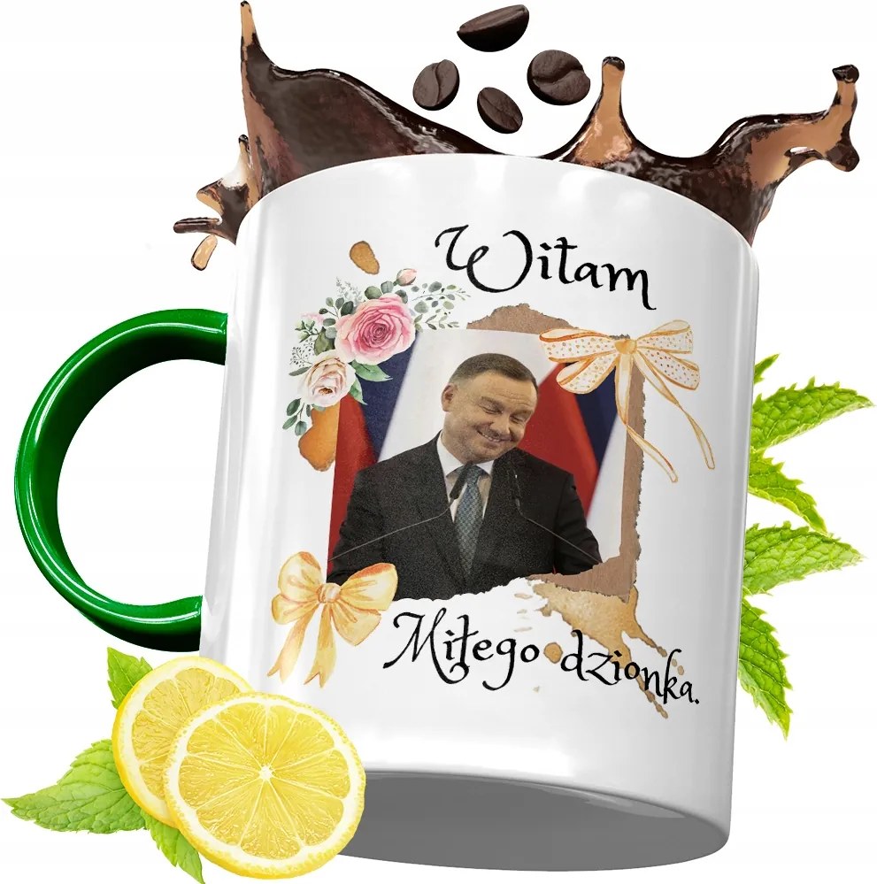 Zöld Bögre Andrzej Duda Elnök Ajándék Nyomtatott Fotóval