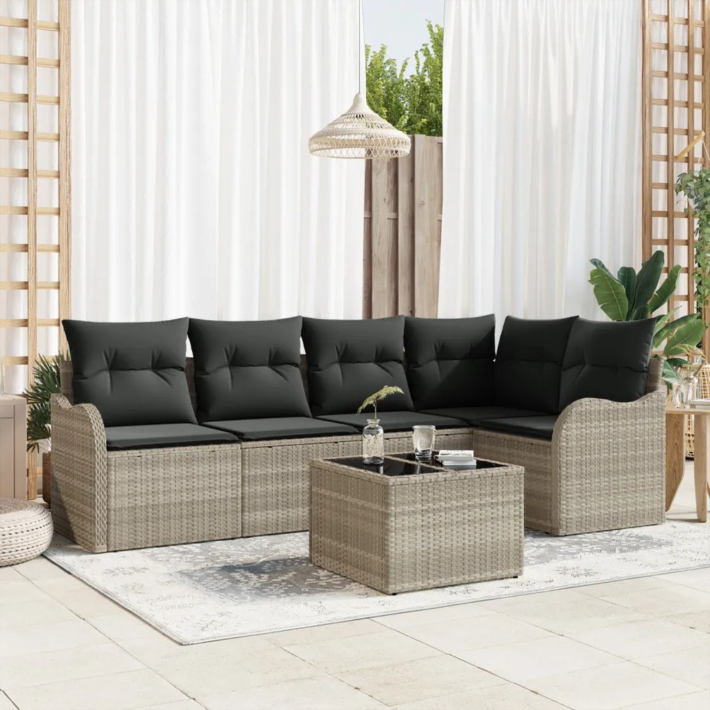 6 darabos kertibútor szett párnákkal szürke poly rattan, 2 személyes kertibútor párnákkal világosszürke poly rattan