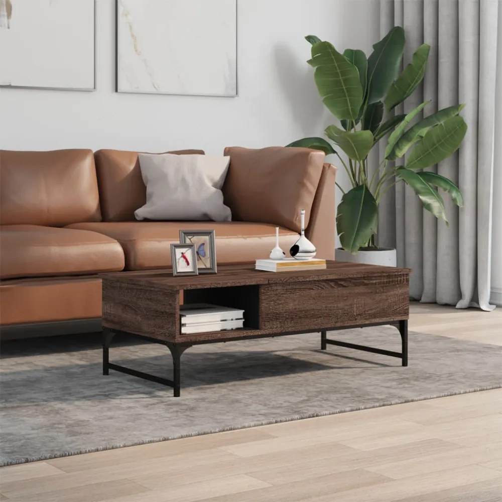 barna tölgy színű szerelt fa és fém dohányzóasztal 100x50x35 cm