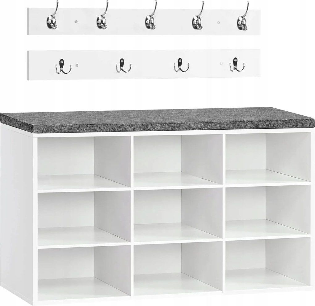 Vasagle Jungo előszobai kabáttartó cipőtartóval és ülőkével, 80 cm, fehér/szürke